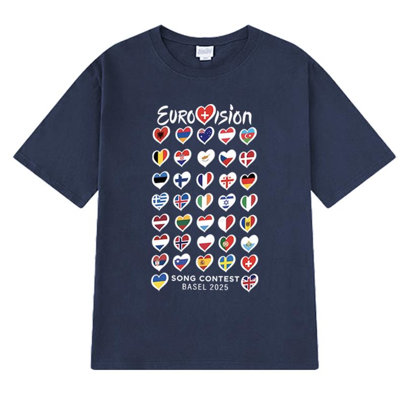 Summer Fashion Eurovision Song 2025 Flags printed T Shirt New Unisex Oversized short sleeve T-shirts Unisex 100% Cotton clothing