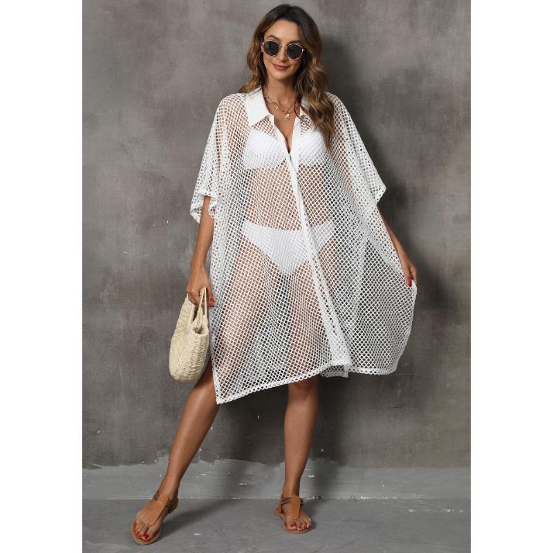 Damen-Coverup, Übergröße, Strandmode, Urlaub, Netz-Patchwork-Shirt, Bademode, Cover-Ups, unregelmäßiges Kleid, lose Coverups