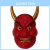 Máscara Facial Mítica Deslumbrante Para Decorações de Halloween Design de Cabeça Oni de Resina em Tons de Vermelho Branco e Cobre