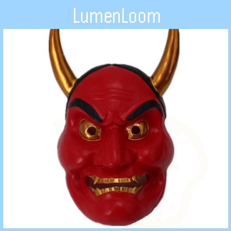 Stunning Mythical Face Mask For Halloween Decorations Resin Oni Head Design In Red White And Copper Shades