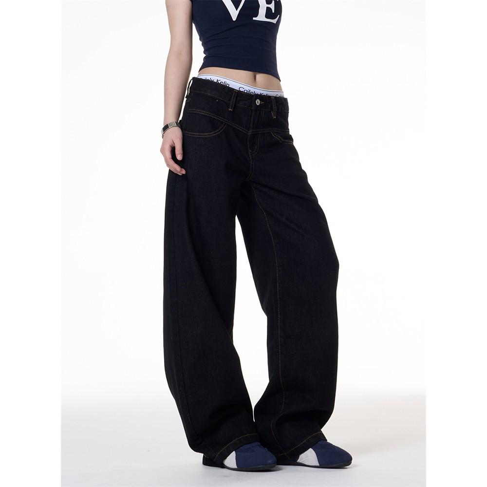 

Retro Dark Blue Wide-Leg Scissor-Cut Jeans for Men and Women: Versatile, Loose, Slimming Straight-Leg Pants. Extra Large чёрный