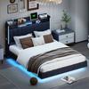 Upholstered Bed 140*200 with LED Lighting and USB Socket, Headboard with Storage Space, Floating Bed Youth Bed Adult Bed, Linen Fabric, Grey