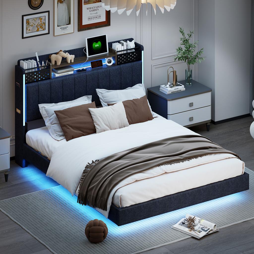 Upholstered Bed 140*200 with LED Lighting and USB Socket, Headboard with Storage Space, Floating Bed Youth Bed Adult Bed, Linen Fabric, Grey
