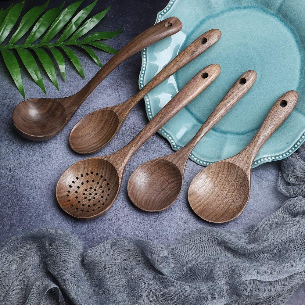 Wooden Kitchen Cooking Utensil Set,Wooden Soup Ladle,Walnut Wooden Spoons Spatula for Cooking 7pcs
