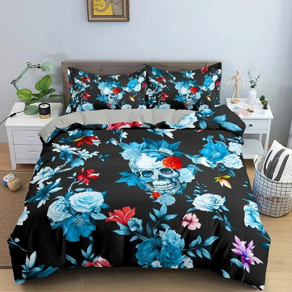 Skull Duvet Cover Set Flowers Bedding Set Quilt Cover With Pillowcase King Queen Twin Full Size Bedclothes Bedroom Decor