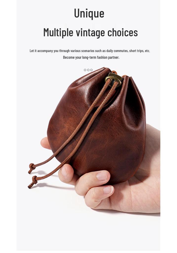 Genuine Leather Drawstring Coin Purse - Cowhide Storage Bag & New Year's Lucky Wallet.