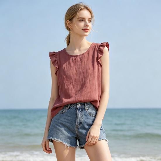Women Tops, Loose Fit Ruffle Sleeve Vest, Round Neck Tank Tops, Breathable Summer Casual Sleeveless Blouse for Work Beach Vacation