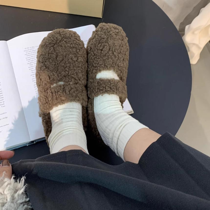 Gentle Fairy Wind Round Head Word with Lamb Wool Shoes Female Autumn and Winter Wear Flat-bottomed Pregnant Women Warm Bean Cotton Shoes