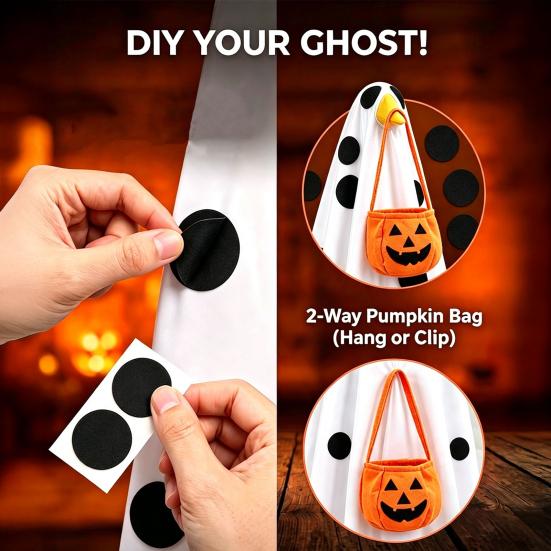 Illuminated Halloween Prop Lighted Ghost Porch Goose Outfit And Flag Set for 23 Inch Statue, Outdoor Yard Ornament Spooky Clothes with Pumpkin Bucket