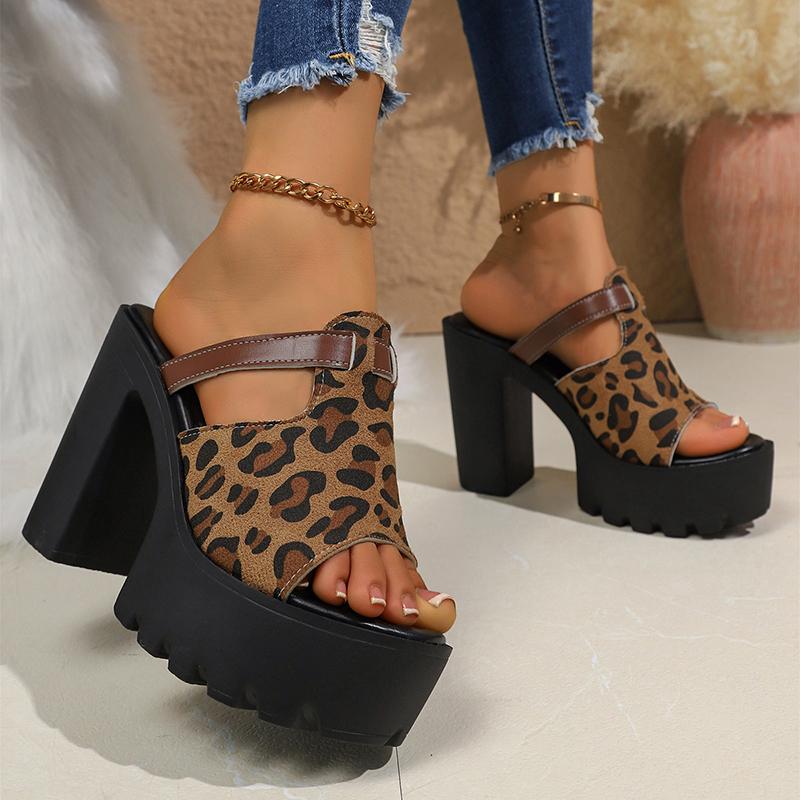 Leopard Print Chunky Platform Sandals Women Summer Peep Toe High Heel Sandals Woman 43 Mule Slippers 35