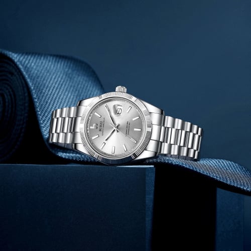 BUREI Men's Analog Watch, Popular Brand, Waterproof Quartz Movement, Business Watch, Fashionable, Simple, Silver-White Luminous Watch, Birthday Gift