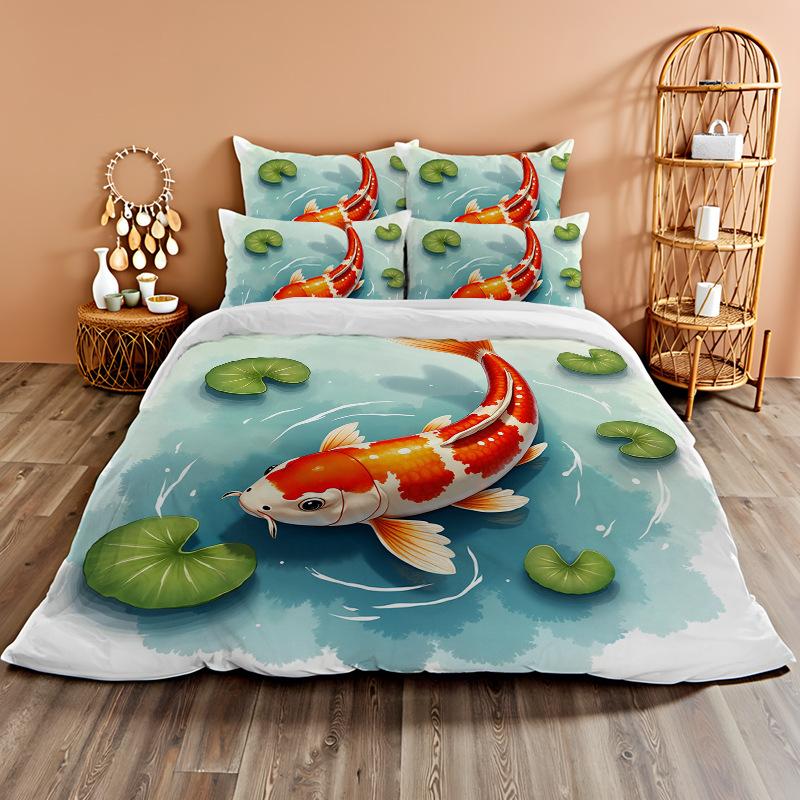 3D Digital Printing Bedding Two Or Three Piece Set Koi Polyester Quilt Cover
