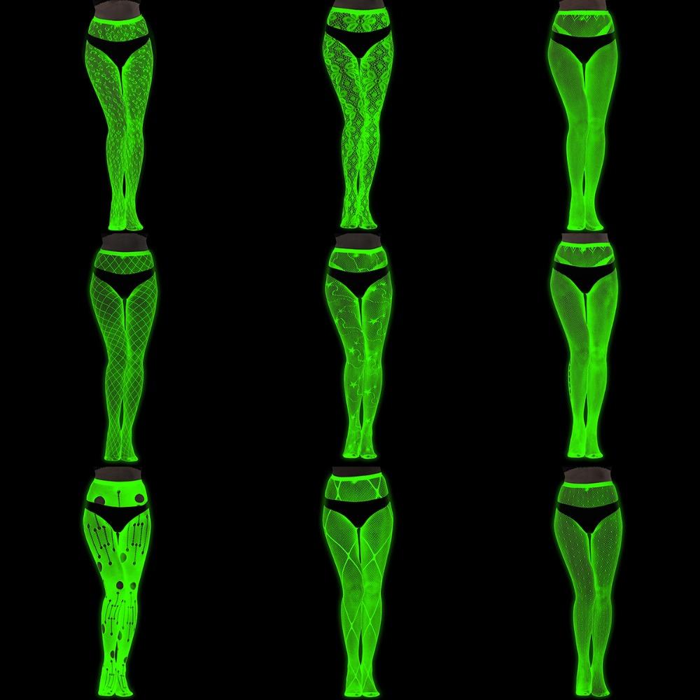 Fashion Spandex Glow In The Dark Stockings Fishnet Nylon Noctilucent Stockings Noctilucent Shiny Pantyhose Women