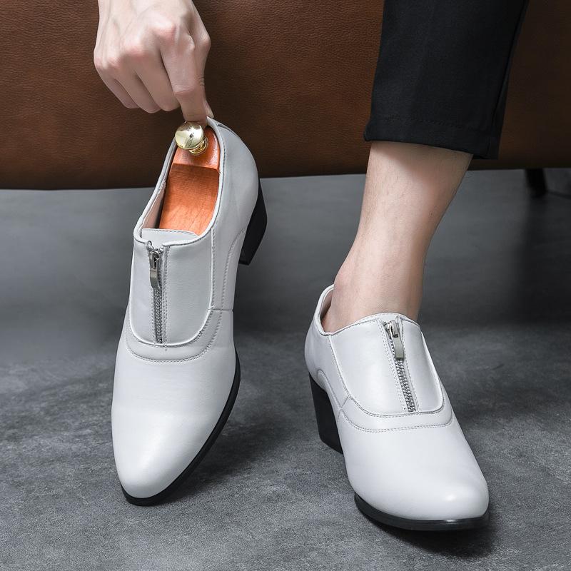 Men's Trendy High-Heeled Leather Shoes for Weddings and Banquets - Size 37, Zipper, Hairdresser Style