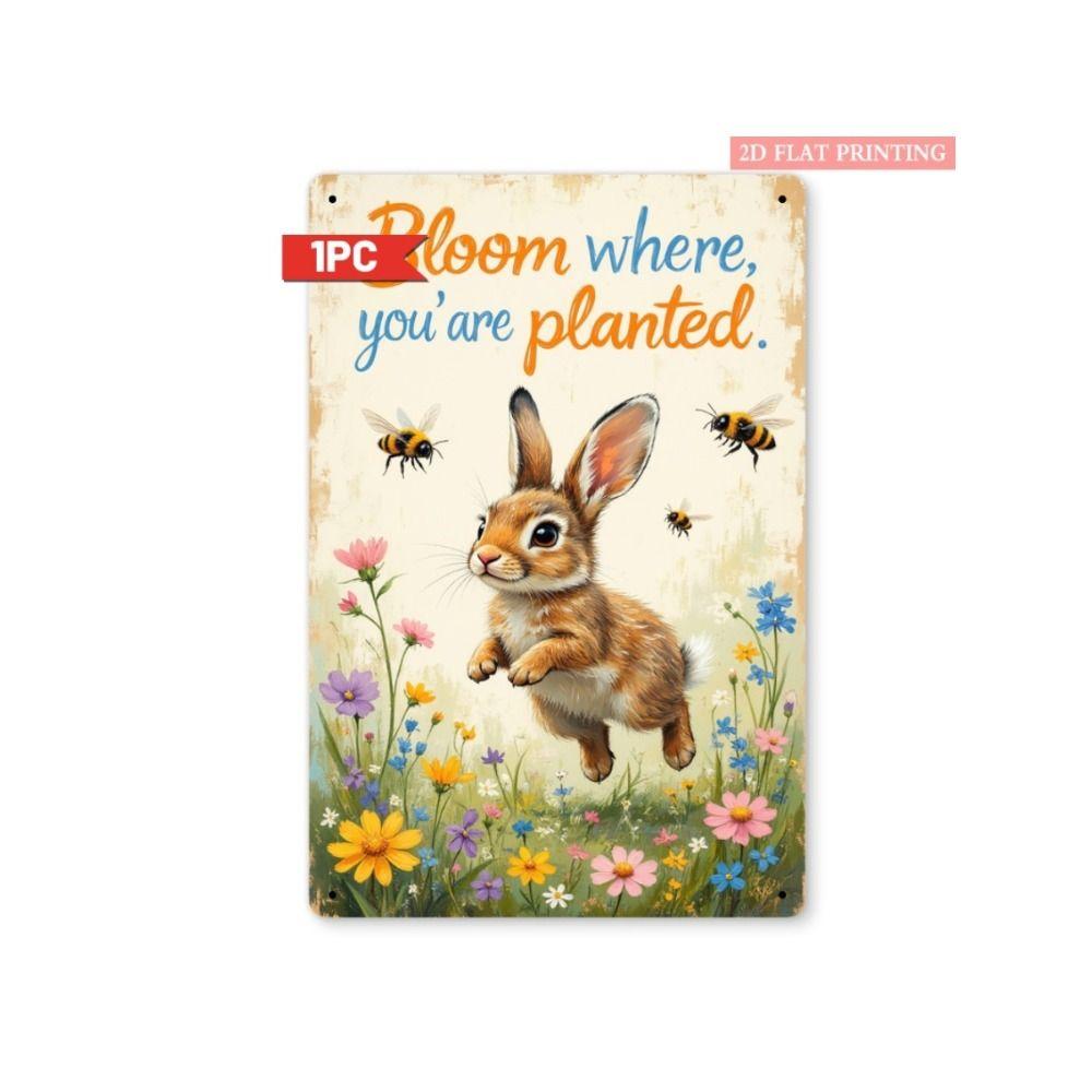 Tin Sign Retro Easter Rabbit Floral Wall Art Home Holiday Decor Metal Poster
