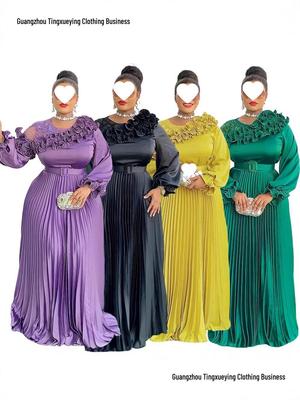 Vestido plisado de manga larga de estilo europeo y americano - Ropa de mujer de tallas grandes