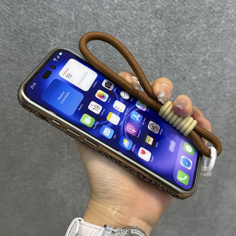 Luxury Glitter Diamond Rhinestone Case For iPhone 12 13 14 15 16 Pro Max Plus Bling Sparkling Shockproof Wrist Strap Cord Cover