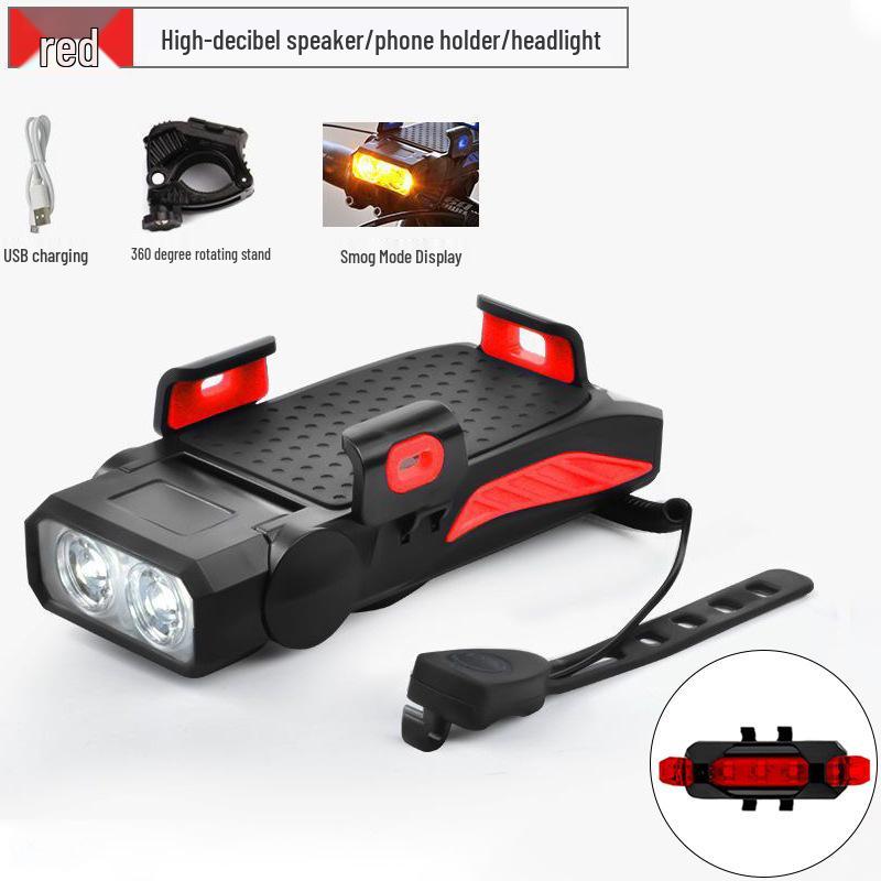 Luce Bicicletta ad Alta Luminosità: Supporto per Telefono Cellulare 4-in-1, Campanello, Fanale Posteriore e Anteriore con Ricarica USB per Ciclismo all'Aperto
