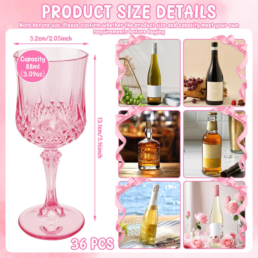 12/24/36 Pcs Champagne Glass 3.09oz Reusable Plastic Wine Glasses Flutes Elegant Pink Wine Glass for Party Wedding and Christmas
