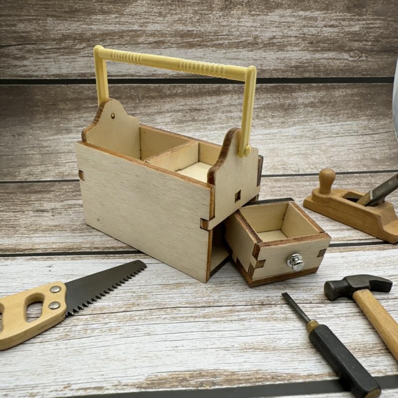1/12 Dollhouse Mini Wooden Toolbox Tools Chest With Drawer Dollhouse Storage Box Model Dollhouse Workshop Decor Pretend Play