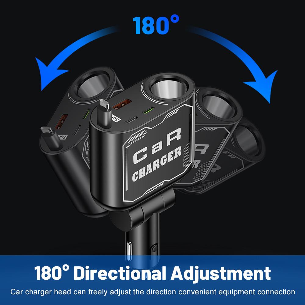 Retractable Car Phone Charger 66W Super Fast Cell Phone Charger PD USB Type C Voltage Detect Car Cigarette Lighter Adapter