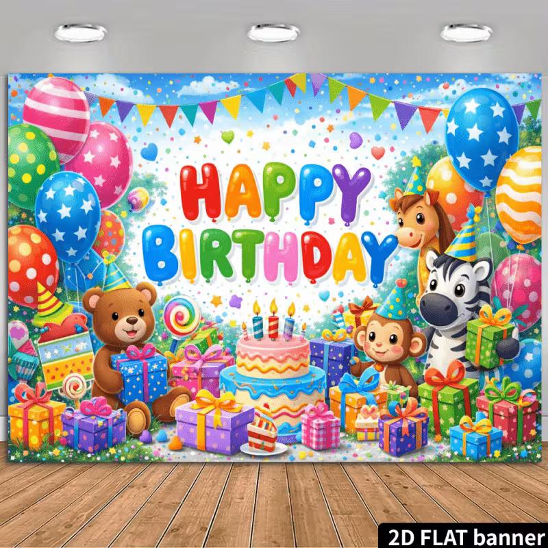 2D Cartoon Animal Birthday Banner Backdrop Kids Bright Colorful Happy Birthday Party Decor Background