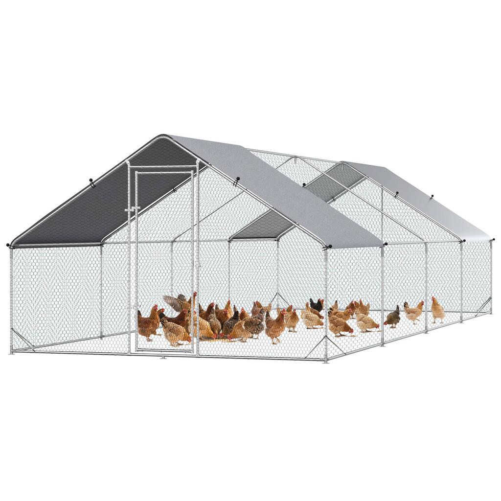 Garden Chicken Coop with Galvanized Frame, Waterproof Cover and Hexagonal Netting, 3x8x2 M, Silver