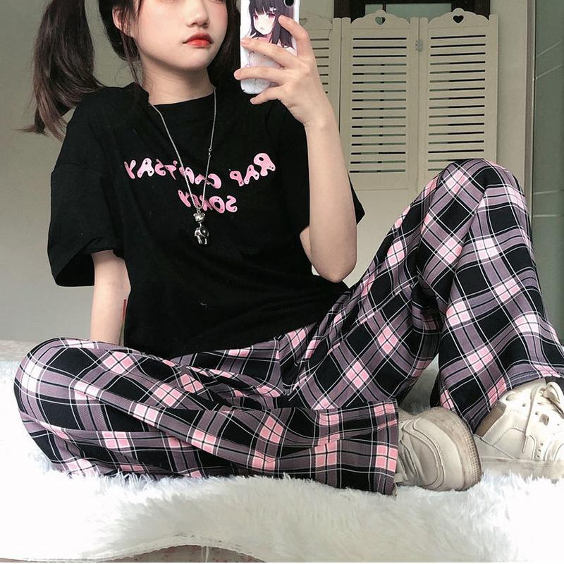 

Женский свободный домашний костюм с коротким рукавом, женский комплект из двух предметов, повседневный клетчатый топ с принтом, летний свободный широкий домашний костюм