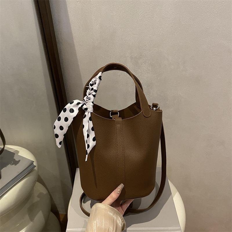 Simple Portable Bucket Bag Women's Bag Autumn and Winter New Splicing Silk Scarf Shoulder Bag Commuter Messenger Bag