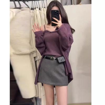 Korean Style Knitted Sweater & Bandeau Set: Fashionable Autumn-Winter Two-Piece for Women.