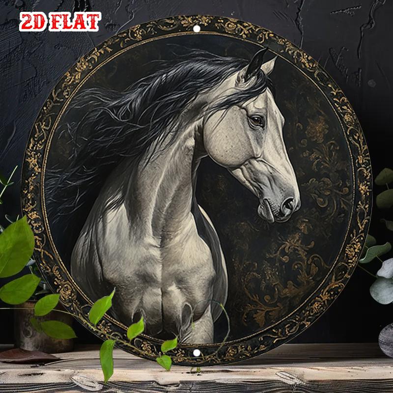 D Flat High Definition Metal Wall Art Elegant Vintage equestrian Art Round Metal Sign Featuring a Majestic White Horse Portrait 20x20cm(8x8inch)