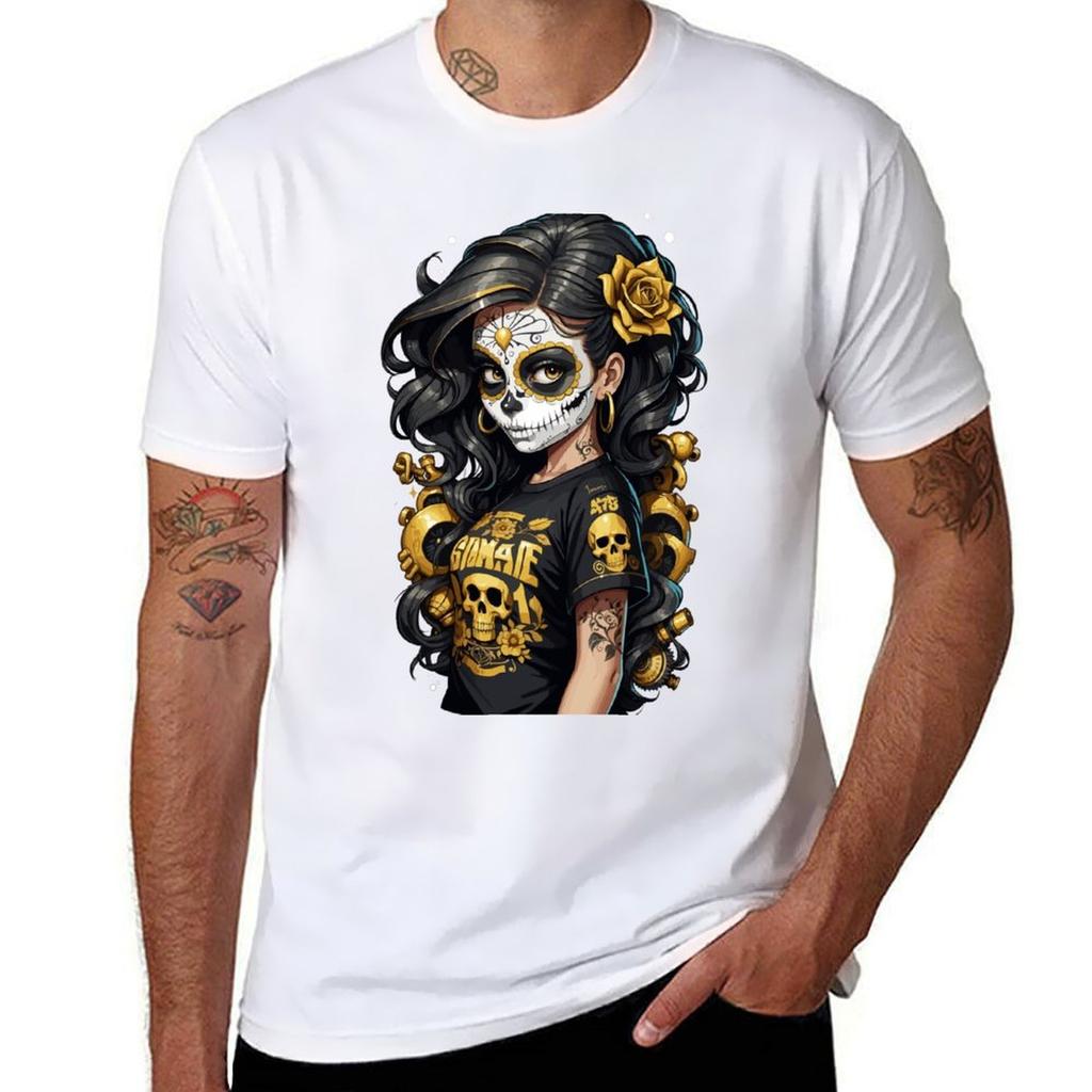 Sugar Skull Girl with Black Hair and a Single Gold Rose TShirt Soft Casual Short Sleeve Cotton Tee