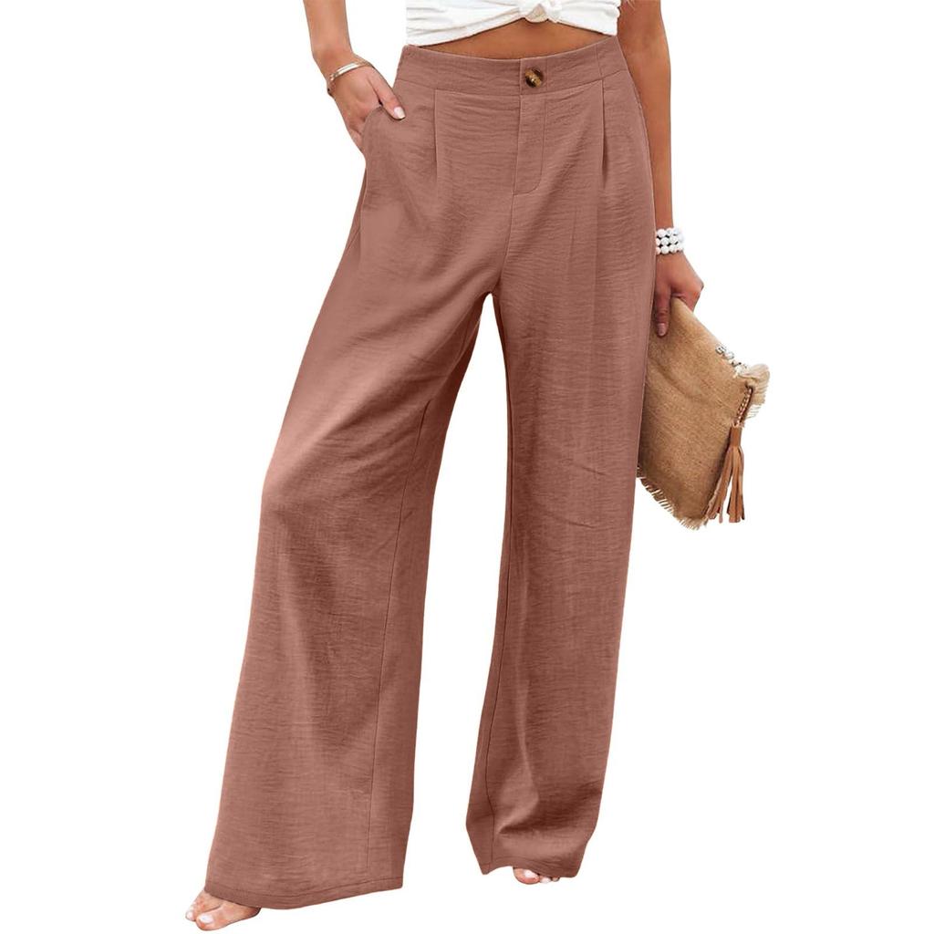 Wide Leg Pants For Women High Waist Solid Color Casual Trousers Workout Button Pants With Pockets