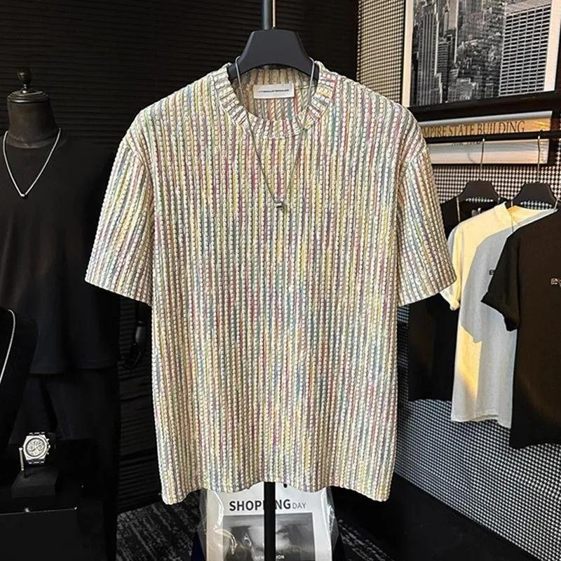 Men s Summer Jacquard Rainbow-Print Round-Neck Short-Sleeve T-Shirt: A Stylish, Youthful Pullover Top XS
