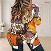 Women Plus Size Square Neck Long Sleeve Faux Two Piece Printed T Shirt Halloween Teddy Bear Pumpkin White