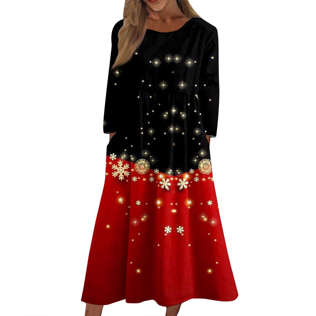 Women's Casual Round Neck Christmas Print Midi Dress Long Sleeve Pocket Dress