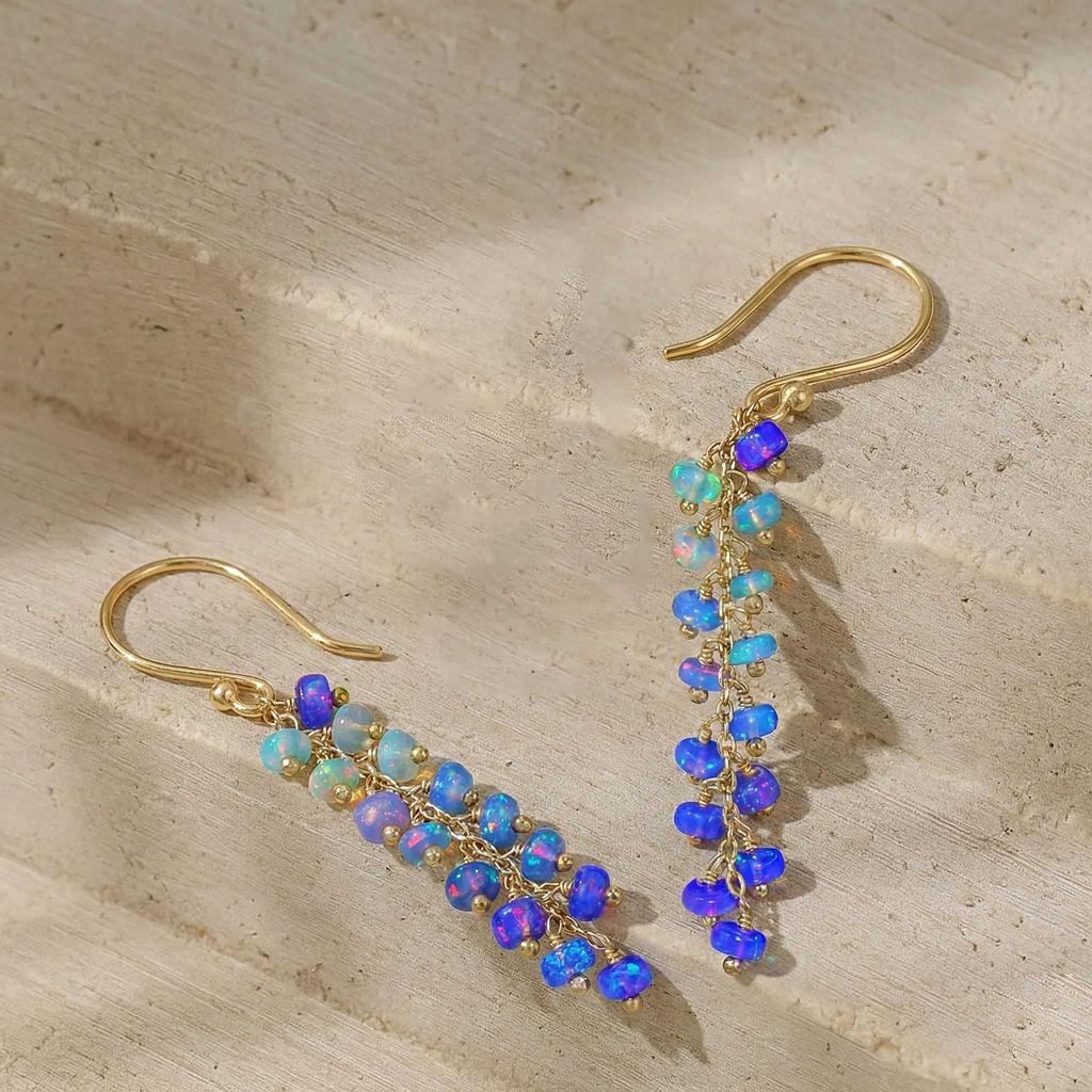 Multifire Blue Fire Opal Beads Drop and Dangle Earrings, Fire Blue Opal Rondelle Beads Earrings, October Birthstone Jewelry, Handmade Gift