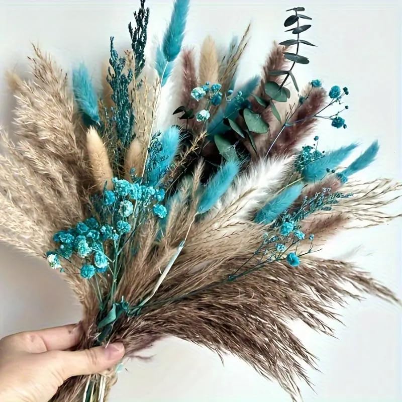 1 Bunches Blue Dried Flowers - 17" Boho Style Artificial Pampas Grass Ideal for Home Decor, Wedding Decor, Bridal Bouquets, Floral Arrangement