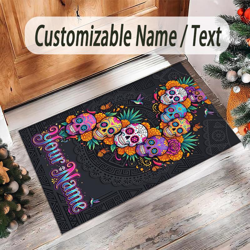 Day of the Dead Theme Crystal Velvet Rug Personalized Custom Name Text Soft Floor Mat Home Decor