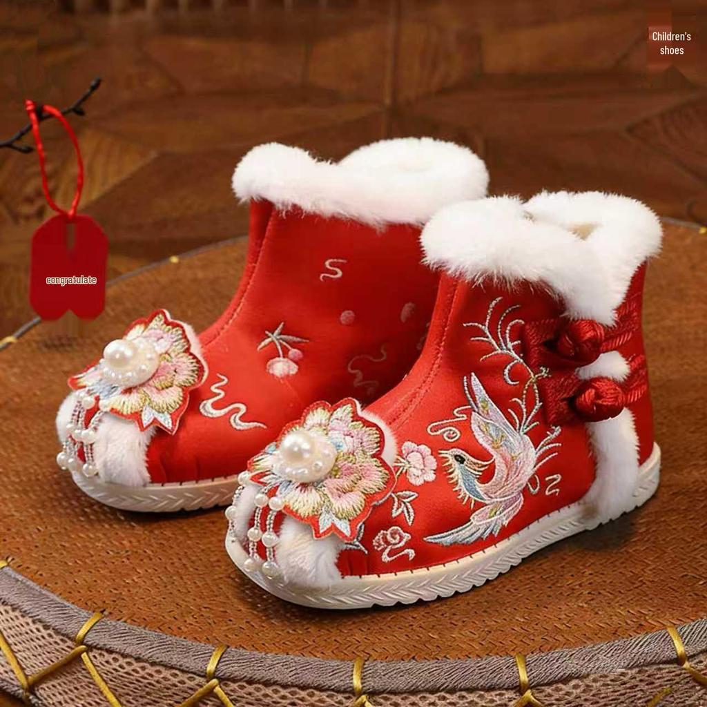 Mädchen Rote Bestickte Hanfu Winterstiefel – Chinesischer Ethnischer Stil