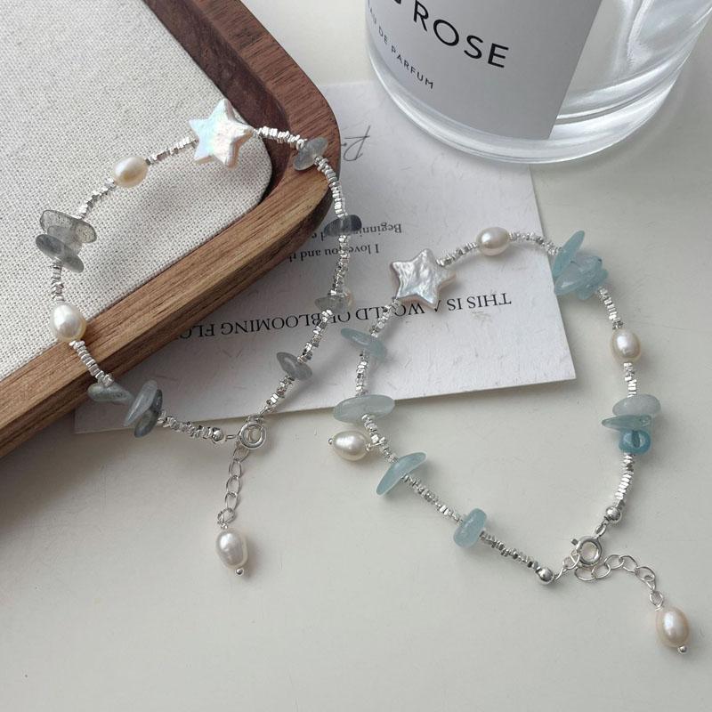 Luxury High Quality 925 Sterling Silver Natural Blue Stone Freshwater Pearl Beaded Bracelet for Women Summer Jewelry