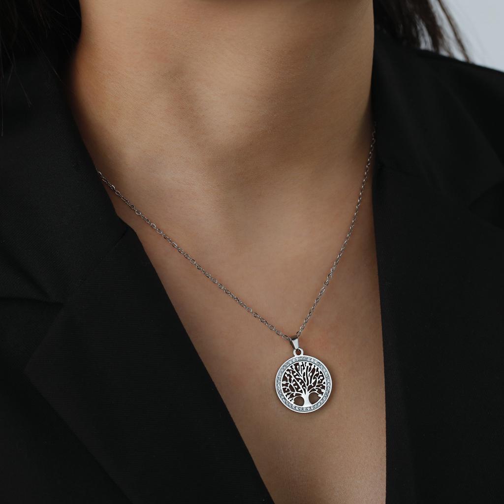 Women's Stainless Steel Gold-Color Tree of Life Necklace with Clear Zircon round Pendant Luxury Jewelry Gift for Weddings
