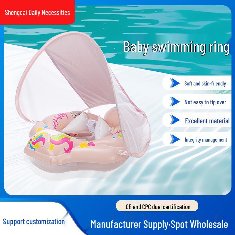 Children's Cartoon Inflatable Swimming Ring with Anti-Rollover Airbag and Sunshade Canopy