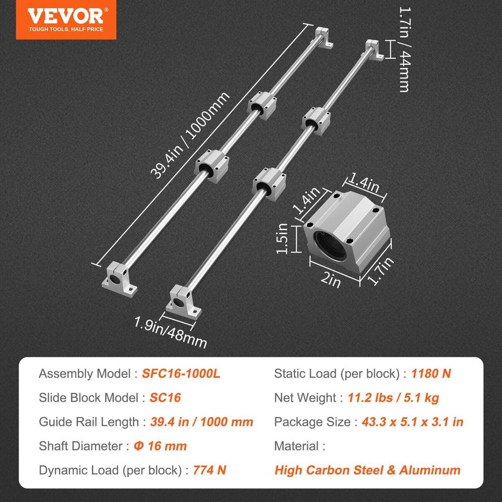 Linear Guide Rail Set, SFC16 1000mm, 2 PCS 39.4 in/1000 mm SFC16 Guide Rails 4 PCS SC16 Slide Blocks 4 PCS Rail Supports, Linear Rails and Bearings