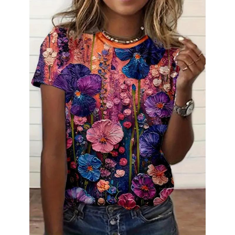 Summer Casual Style Round Neck Pullover Short Sleeved Top with 3D Floral Pattern Printed Women's T-shirts