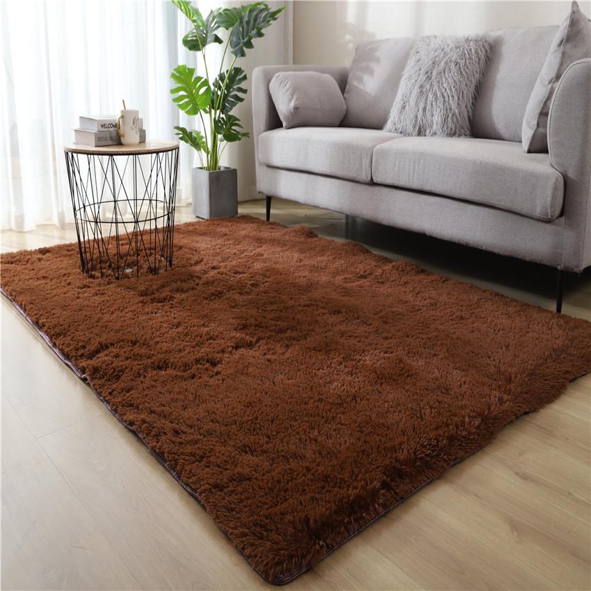 Long Pile Silk Wool Carpet - Full Coverage Bedroom and Living Room Rug, Solid Color