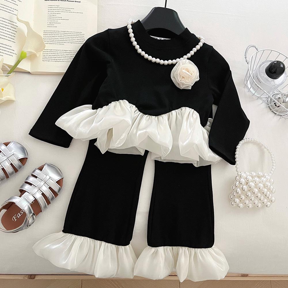 Korean Style Girls' Autumn 2026 Two-Piece Set: Long Sleeve Ruffle Top & Elastic Micro Flare Pants