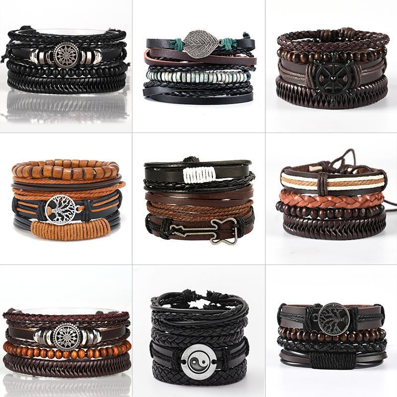 

Океан 4шт / Набор Винтаж Индийский стиль Жизнь Дерево Бисероплетение Регулируемая плетеная обертка Кожаные браслеты Очарование Мужчины Панк Этнические браслеты