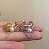 Fashion Zinc Alloy Color Pearl Chain Cuff Ring For Women Couples Simple Metal Double-Layer Adjustable Ring Bride Zircon Gifts
