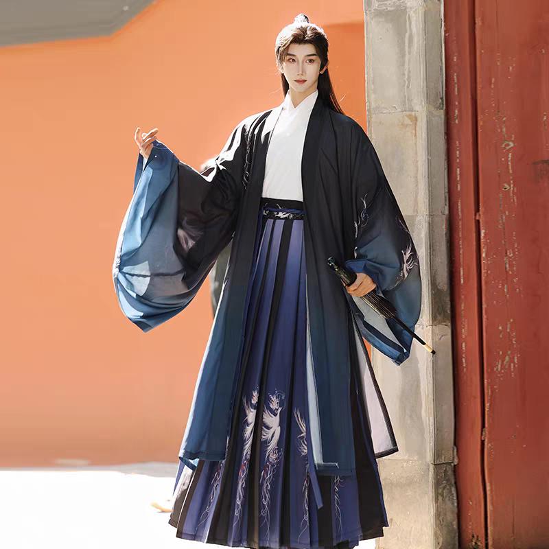 Chinese Wei And Jin Dynasty Style Hanfu For Male And Female Knights Printed Cross-collar Waist-length One-piece Skirt, Daily Suit